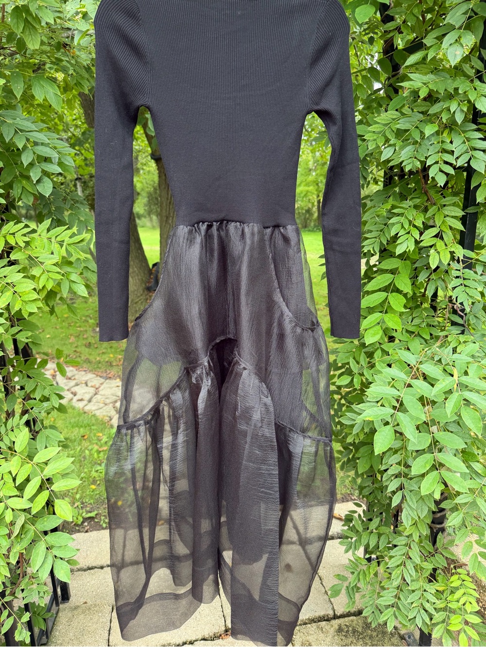 Elegant Black Long-Sleeve Formal Dress with Sheer Tiered Skirt